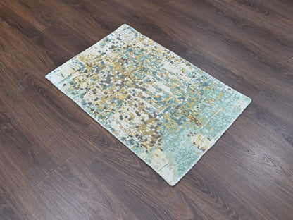Green 1'10" x 2'11" Modern and Contemporary Hand knotted Wool/Silk Rug - Sku: O010430