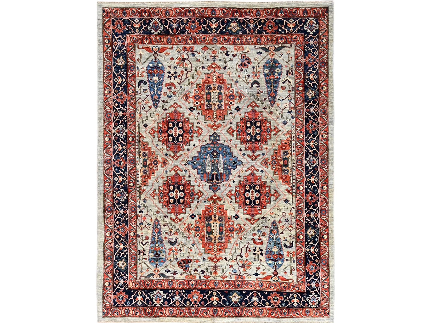 Qashqai Tribal & Geometric hand-knotted wool rug in Gray & Midnight Blue, 8'10" x 11'10" — SKU O01043
