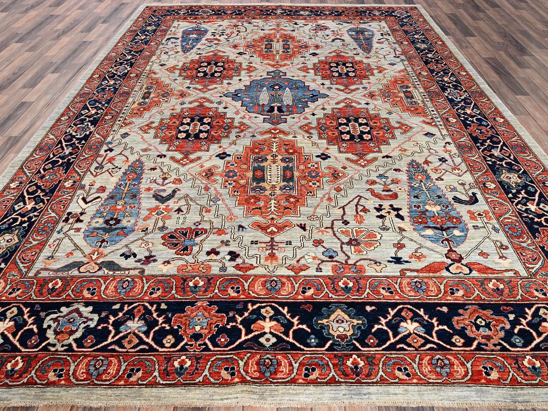 Qashqai Tribal & Geometric hand-knotted wool rug in Gray & Midnight Blue, 8'10" x 11'10" — SKU O01043 (view 2)