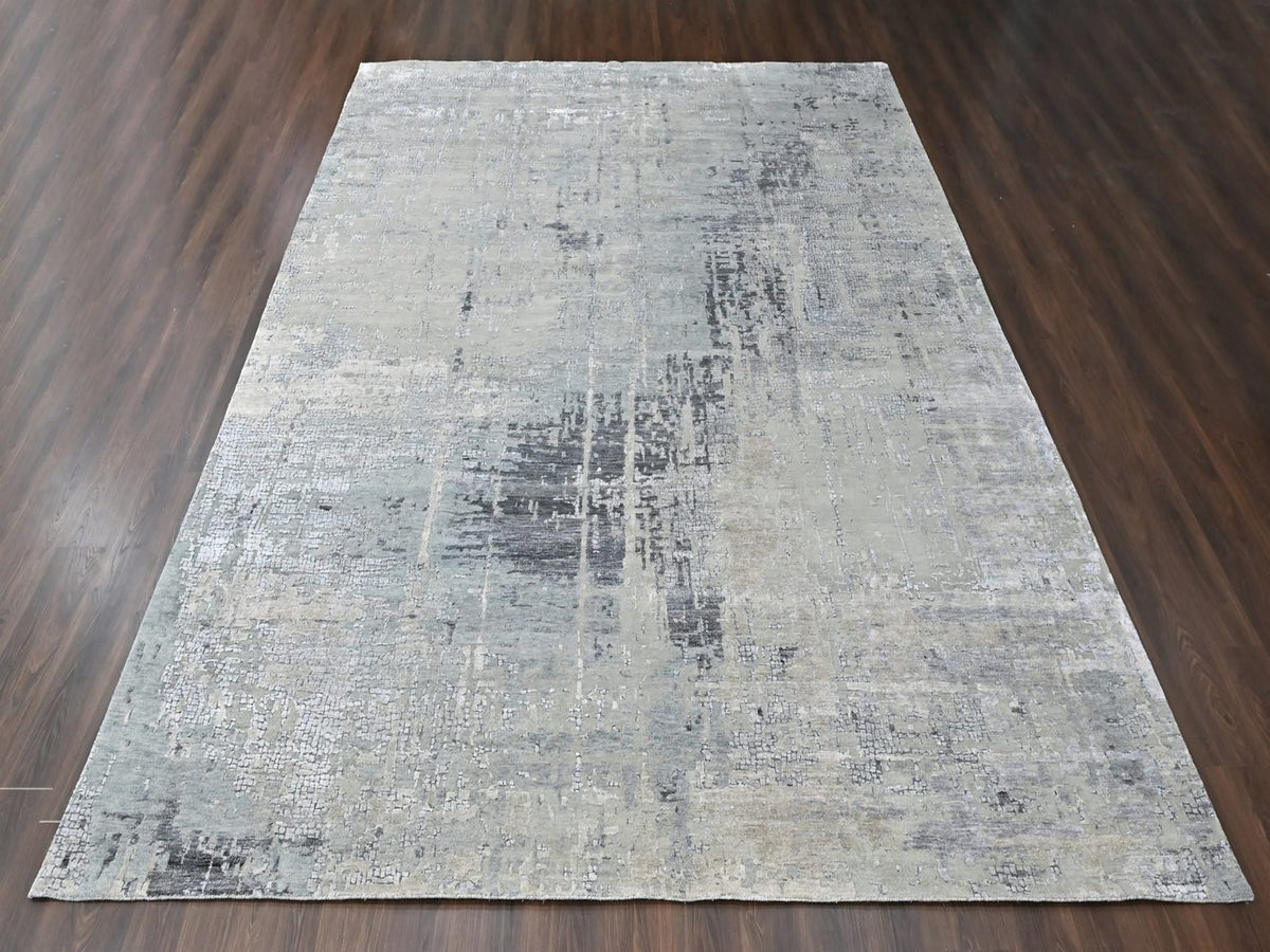 Modern / Contemporary hand-knotted wool/silk rug in Gray, 11'10" x 14'9" — SKU O010440 (view 2)