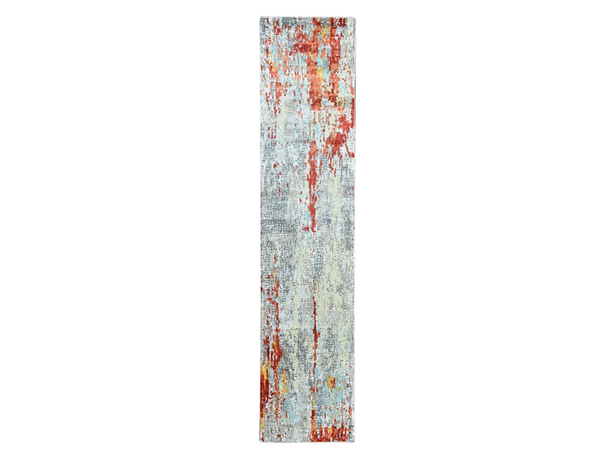 Modern / Contemporary hand-knotted wool/silk runner in Orange, 2'6" x 11'11" — SKU O010442
