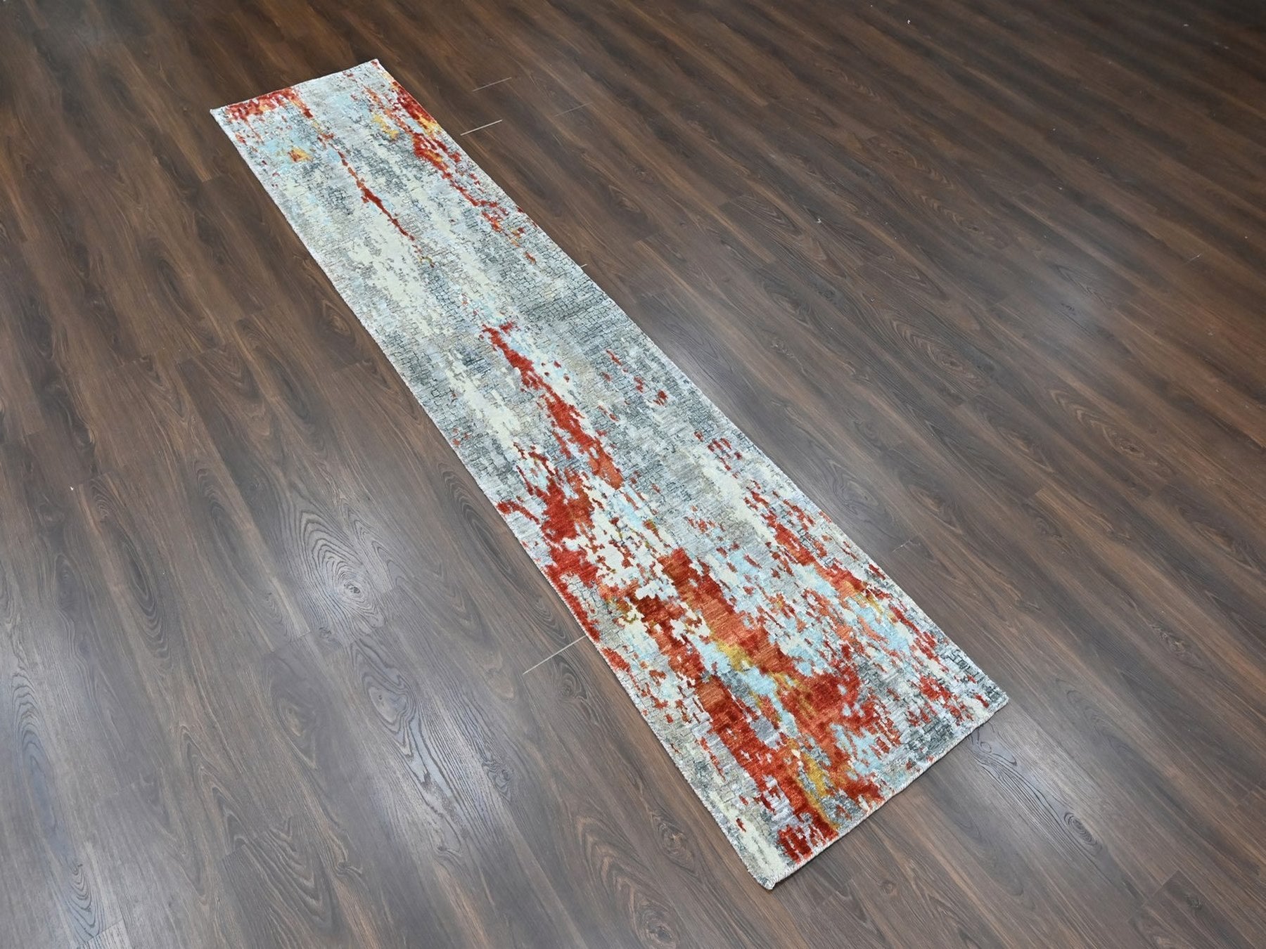 Modern / Contemporary hand-knotted wool/silk runner in Orange, 2'6" x 11'11" — SKU O010442 (view 2)