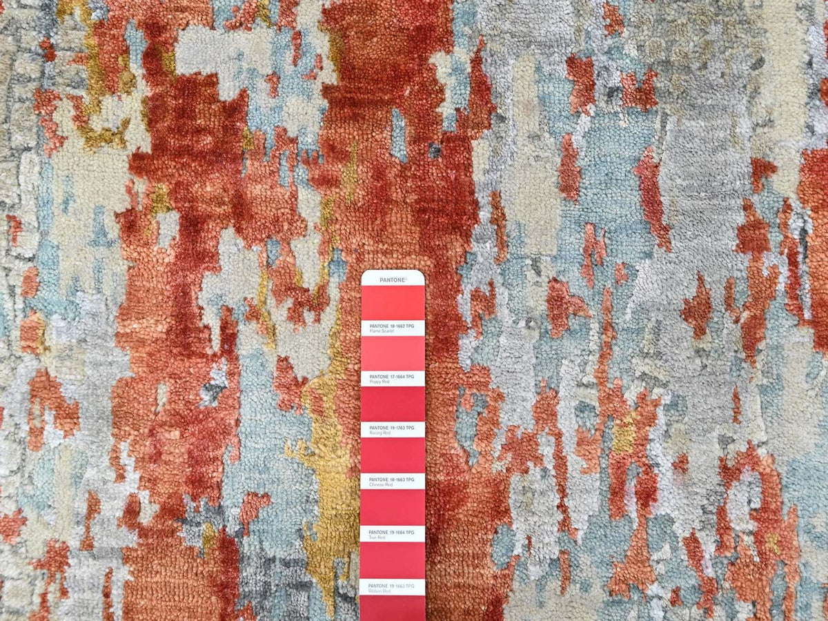 Modern / Contemporary hand-knotted wool/silk runner in Orange, 2'6" x 11'11" — SKU O010442 (view 4)
