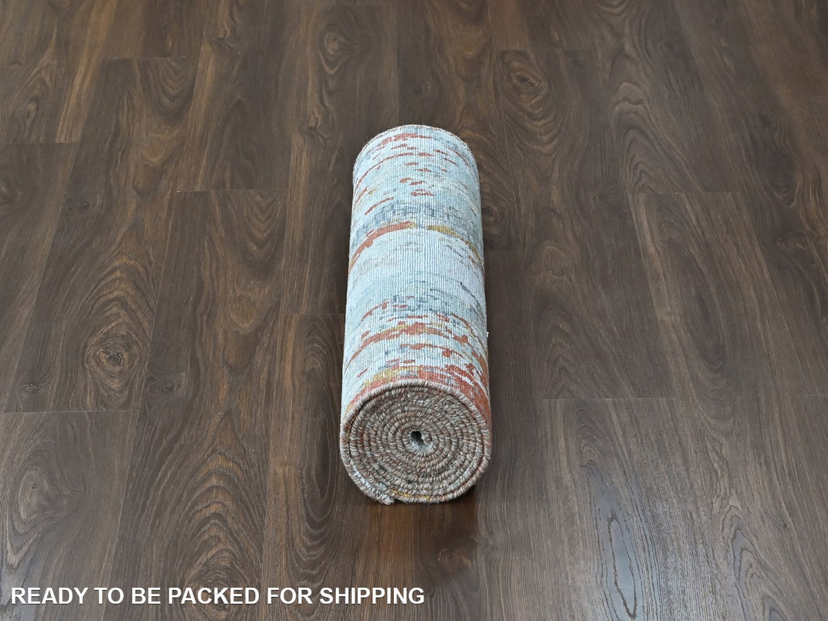 Modern / Contemporary hand-knotted wool/silk runner in Orange, 2'6" x 11'11" — SKU O010442 (view 6)
