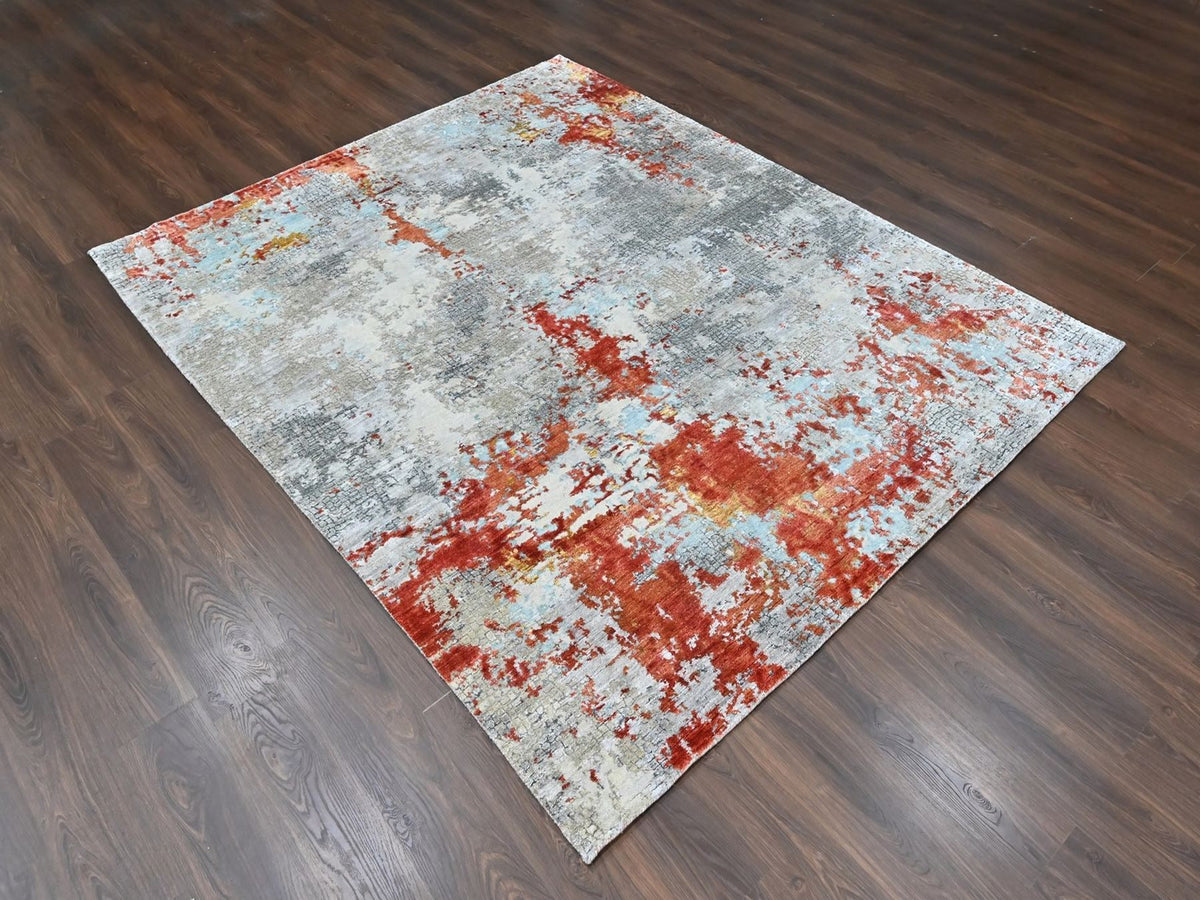 Modern / Contemporary hand-knotted wool/silk rug in Orange, 8'1" x 9'10" — SKU O010444 (view 3)