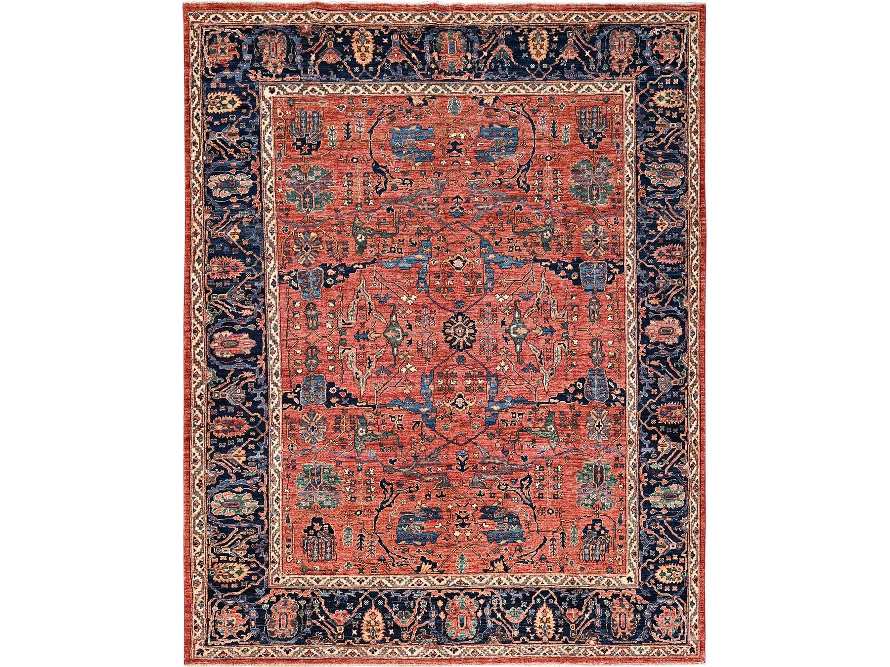 Tribal & Geometric hand-knotted wool rug in Red & Midnight Blue, 7'11" x 10'4" — SKU O01045