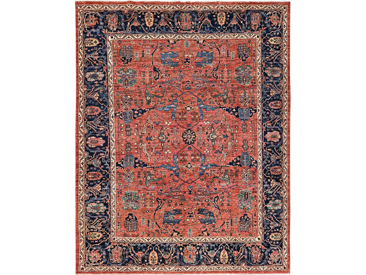 Tribal & Geometric hand-knotted wool rug in Red & Midnight Blue, 7'11" x 10'4" — SKU O01045