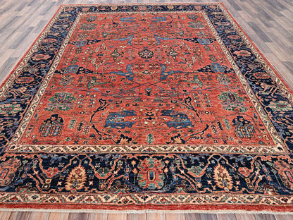 Tribal & Geometric hand-knotted wool rug in Red & Midnight Blue, 7'11" x 10'4" — SKU O01045 (view 2)