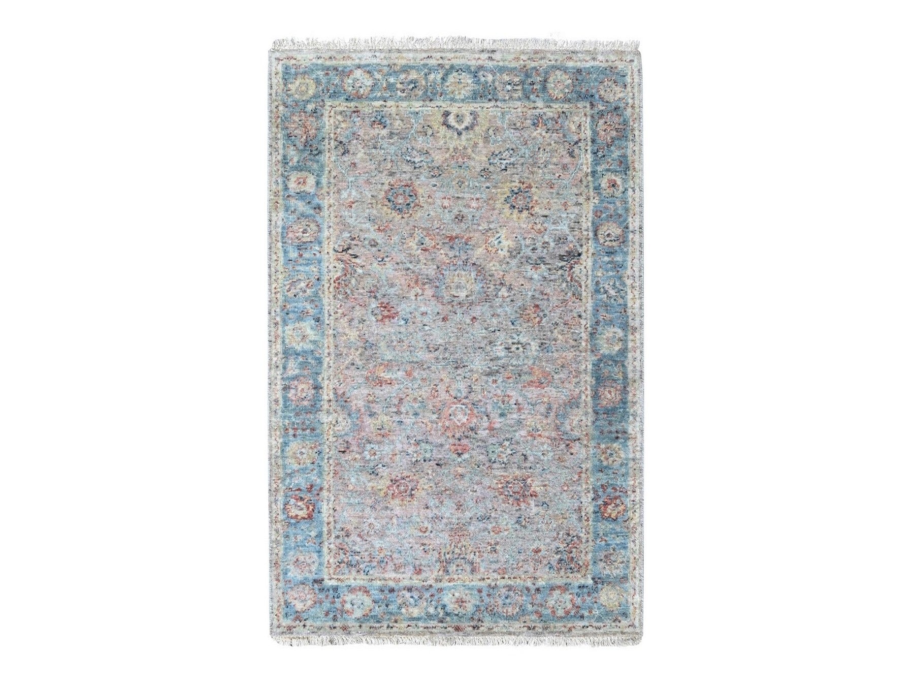 Mahal Oushak hand-knotted wool rug in Pink & Light Blue, 3' x 4'11" — SKU O010466