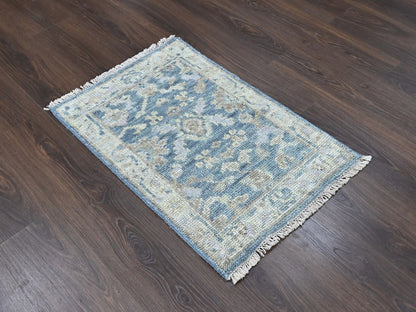 Blue 2'0" x 3'0" Oushak And Peshawar Hand knotted Wool Rug - Sku: O010479