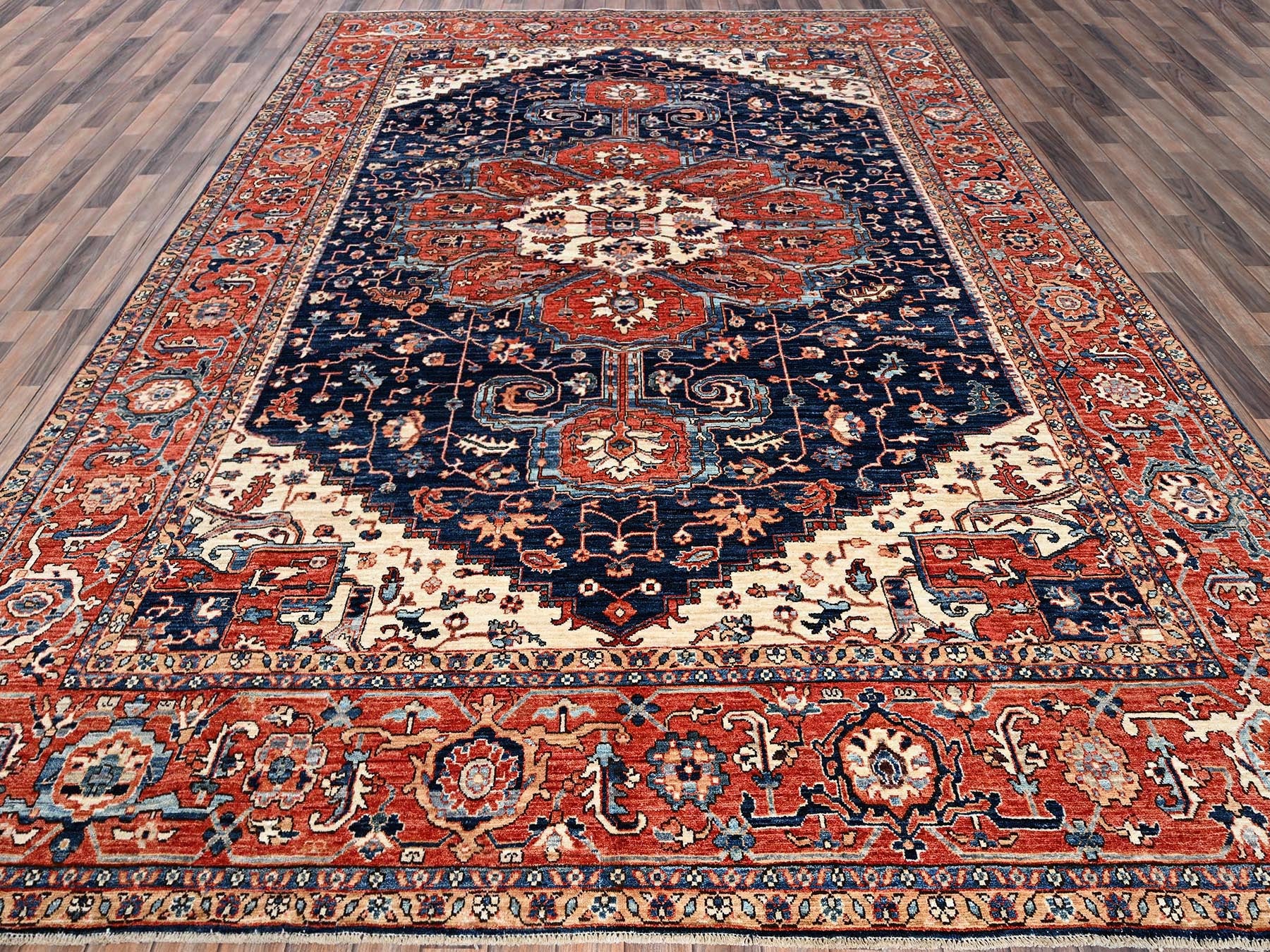 Heriz Tribal & Geometric hand-knotted wool rug in Blue & Orange, 9'2" x 12'8" — SKU O01047 (view 2)