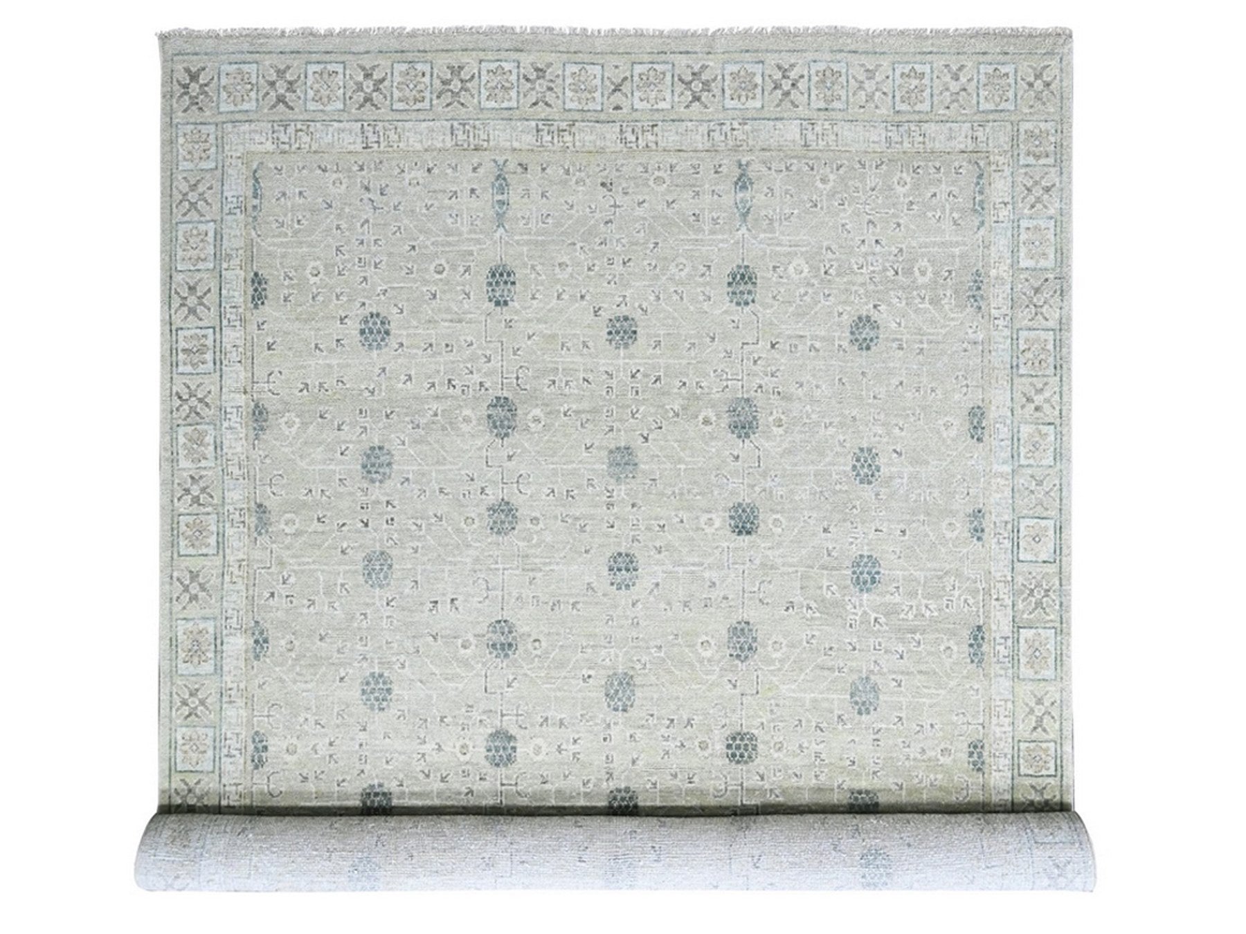 Green 11'11" x 14'11" Khotan and Samarkand Hand knotted Wool Rug - Sku: O010501