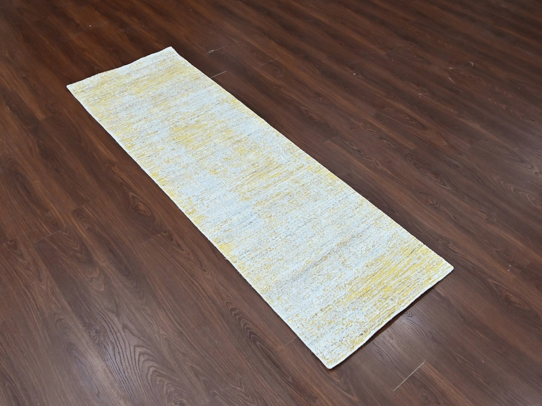 Modern / Contemporary hand-knotted wool/silk runner in Yellow, 2'6" x 8' — SKU O010505 (view 2)