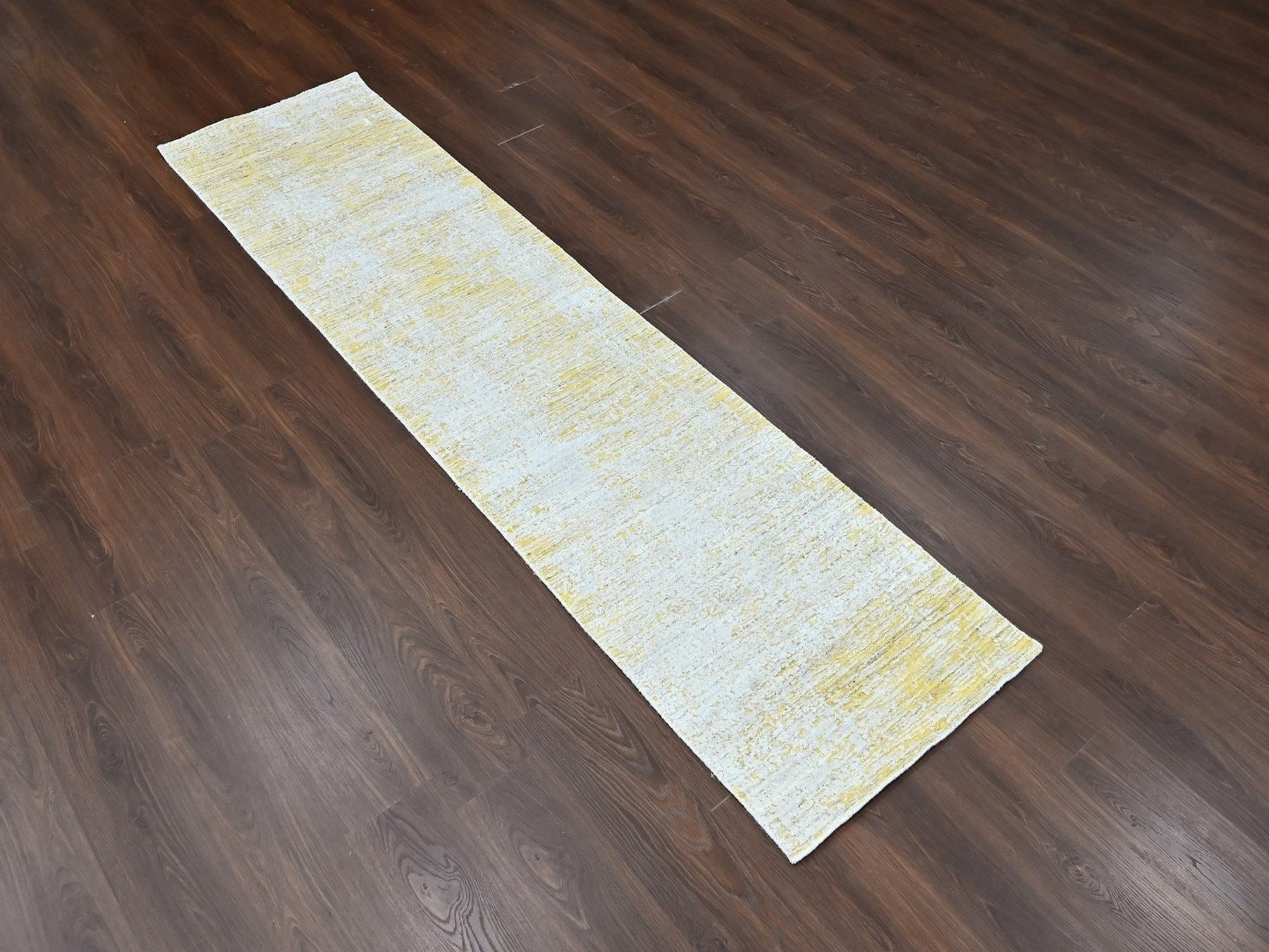 Modern / Contemporary hand-knotted wool/silk runner in Yellow, 2'6" x 10' — SKU O010507 (view 2)