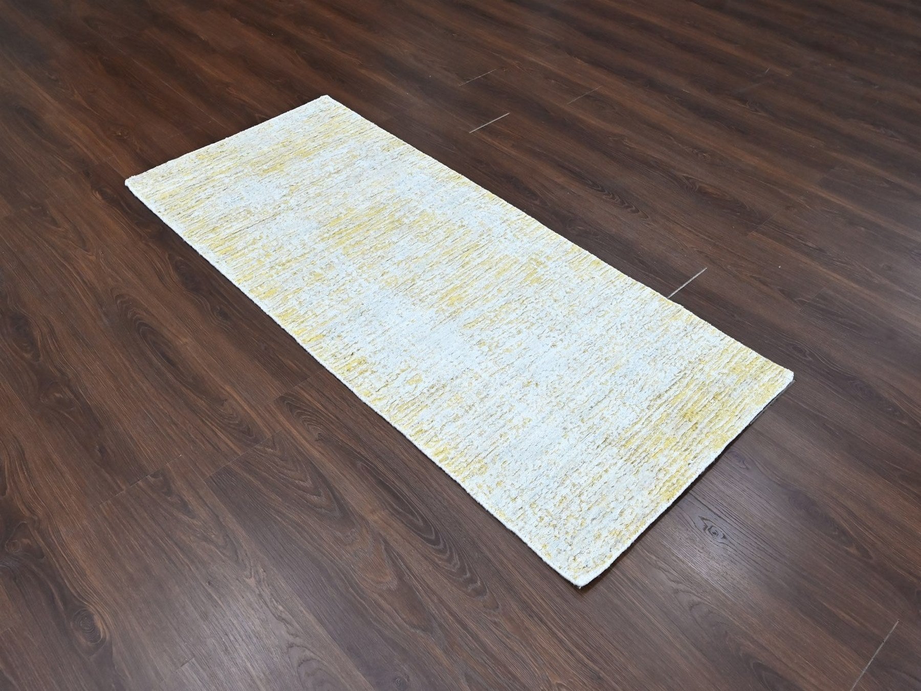 Modern / Contemporary hand-knotted wool/silk runner in Yellow, 2'7" x 6' — SKU O010508 (view 2)