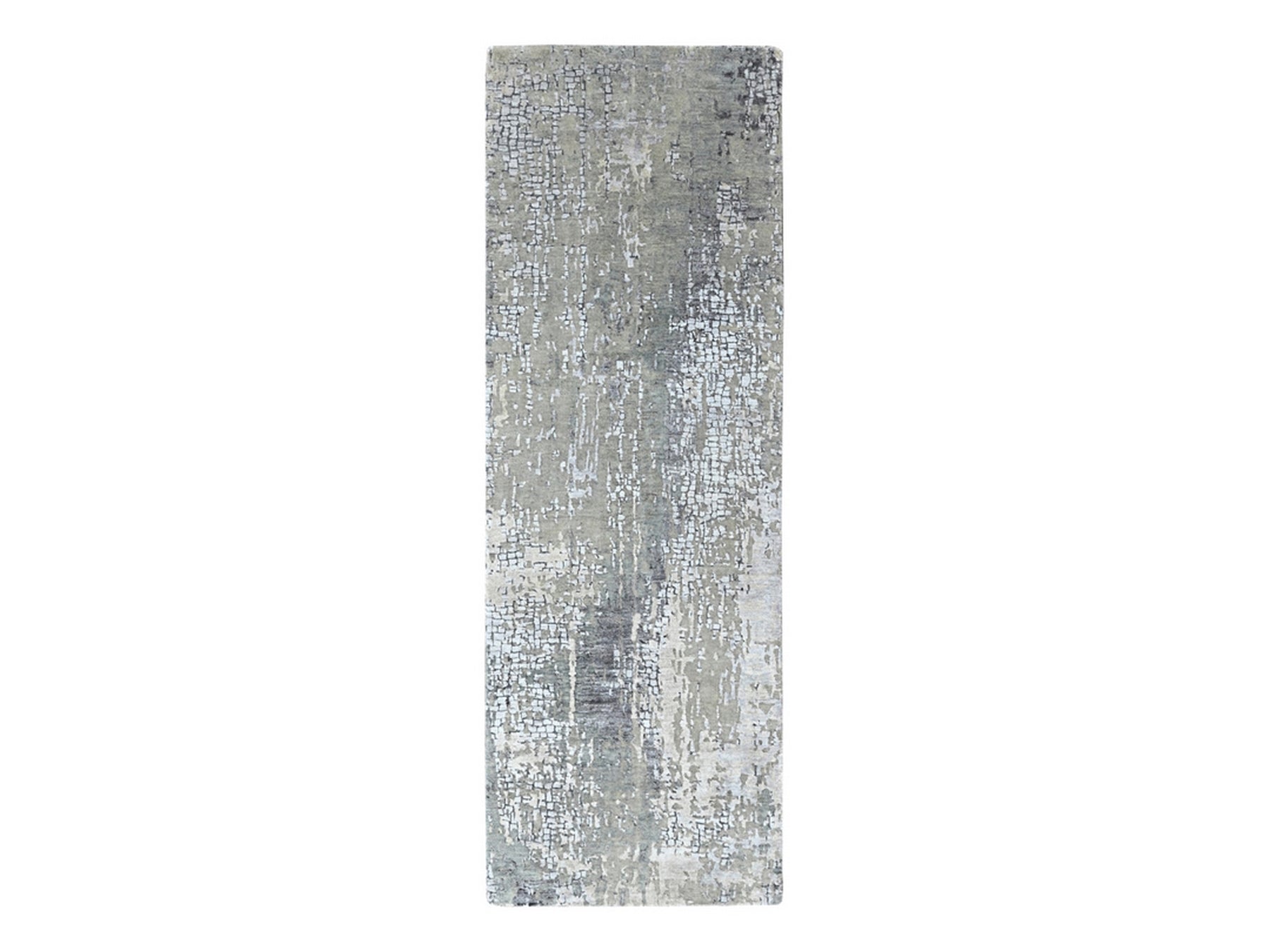 Grey 2'8" x 8'1" Modern and Contemporary Hand knotted Wool/Silk Rug - Sku: O010517