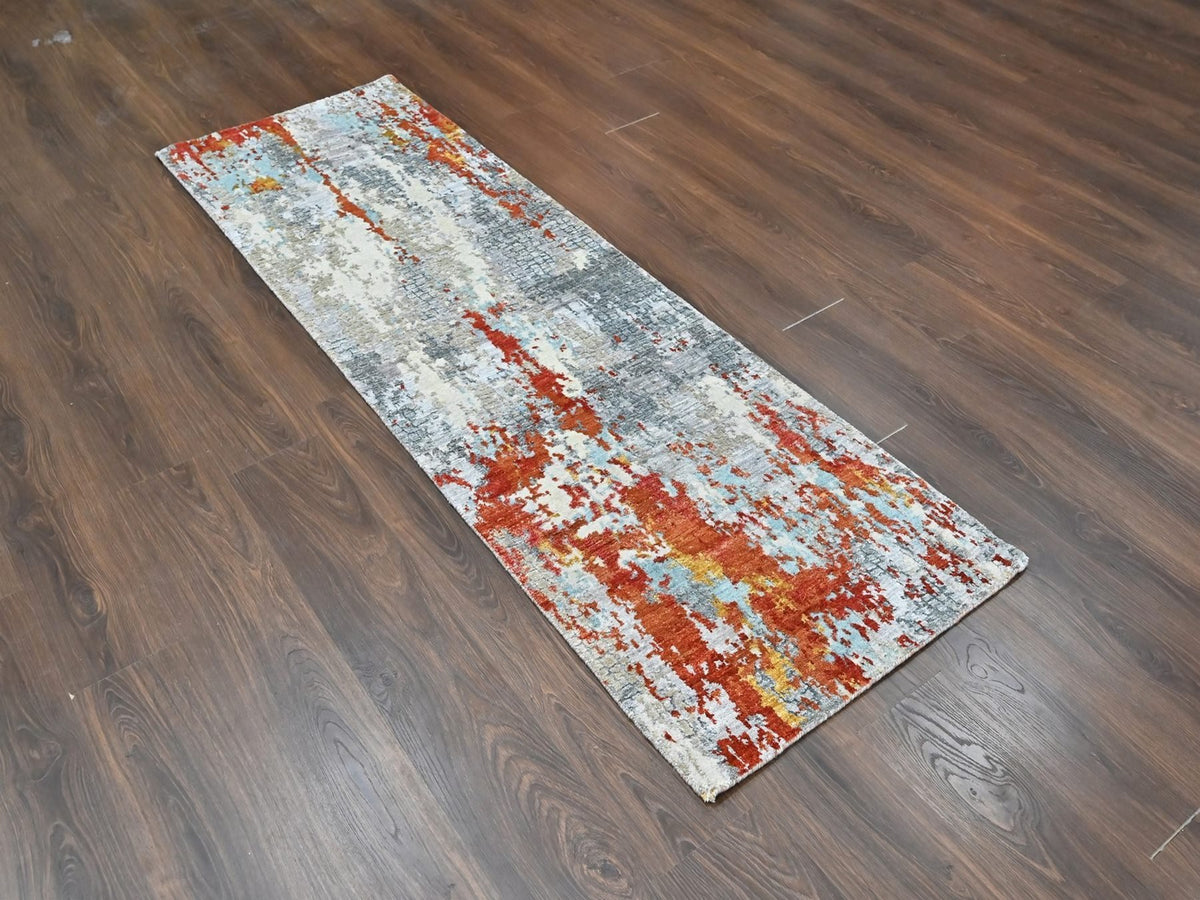 Modern / Contemporary hand-knotted wool/silk runner in Orange, 2'6" x 7'10" — SKU O010519 (view 2)