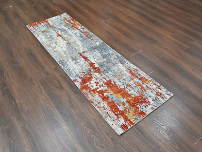 Modern / Contemporary hand-knotted wool/silk runner in Orange, 2'6" x 7'10" — SKU O010519 (view 2)