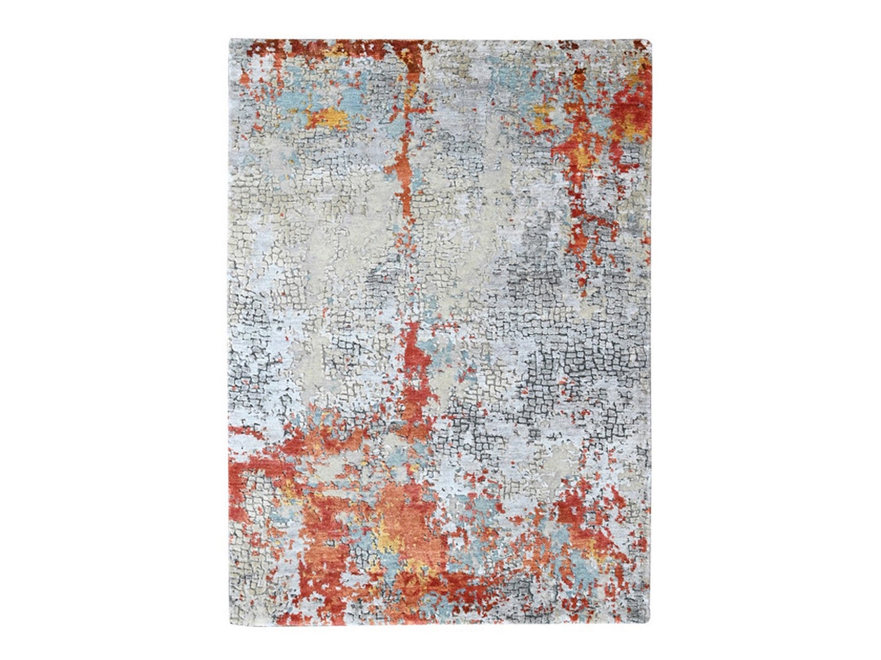 Orange 4'1" x 5'11" Modern and Contemporary Hand knotted Wool/Silk Rug - Sku: O010521