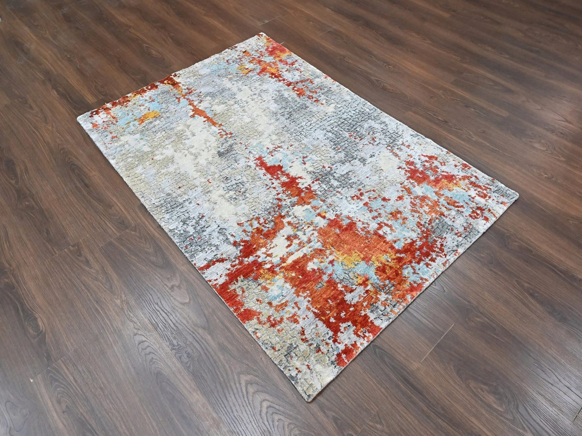 Modern / Contemporary hand-knotted wool/silk rug in Orange, 4'1" x 5'11" — SKU O010521 (view 2)