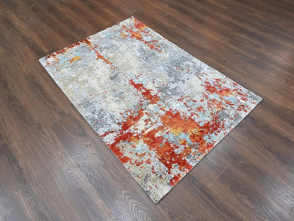 Modern / Contemporary hand-knotted wool/silk rug in Orange, 4'1" x 5'11" — SKU O010521 (view 2)