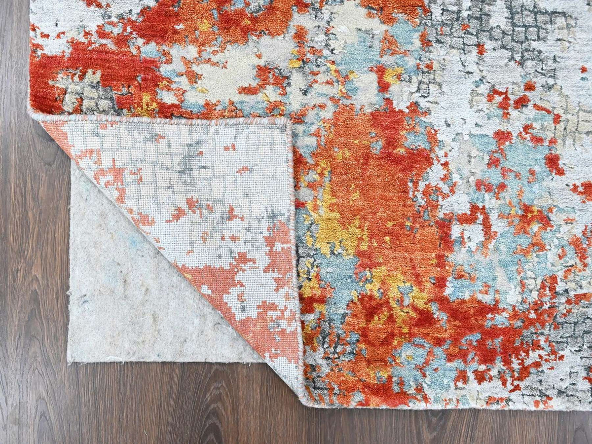 Modern / Contemporary hand-knotted wool/silk rug in Orange, 4'1" x 5'11" — SKU O010521 (view 3)