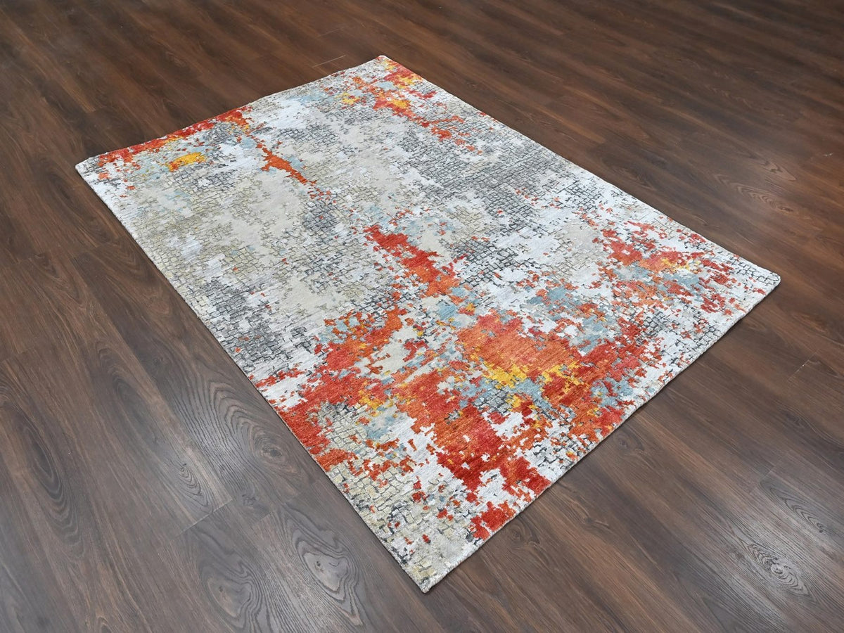 Modern / Contemporary hand-knotted wool/silk rug in Orange, 4'11" x 6'10" — SKU O010522 (view 2)