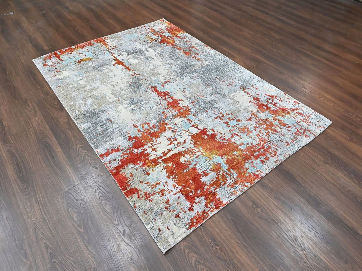 Modern / Contemporary hand-knotted wool/silk rug in Orange, 6'1" x 8'10" — SKU O010523 (view 2)