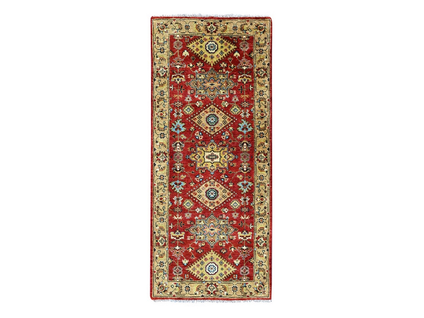 Tribal & Geometric hand-knotted wool runner in Red & Gold, 2'7" x 6' — SKU O010524