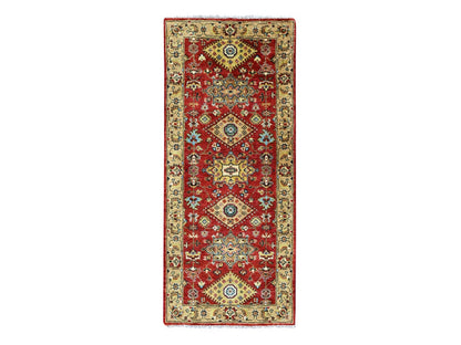 Tribal & Geometric hand-knotted wool runner in Red & Gold, 2'7" x 6' — SKU O010524