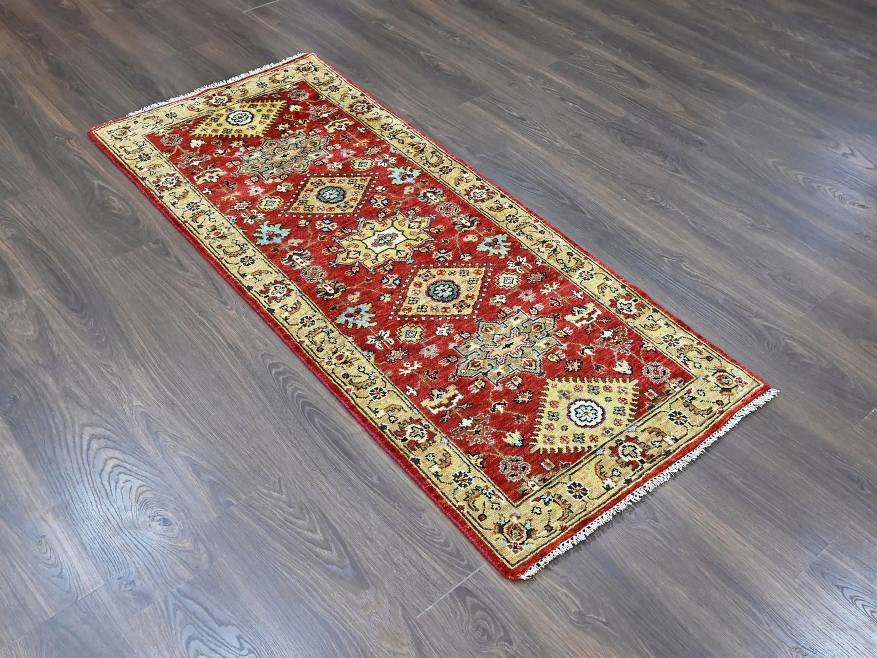 Tribal & Geometric hand-knotted wool runner in Red & Gold, 2'7" x 6' — SKU O010524 (view 2)