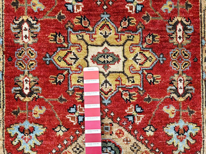 Tribal & Geometric hand-knotted wool runner in Red & Gold, 2'7" x 6' — SKU O010524 (view 4)