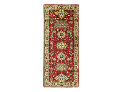 Tribal & Geometric hand-knotted wool runner in Red & Gold, 2'6" x 6'1" — SKU O010525