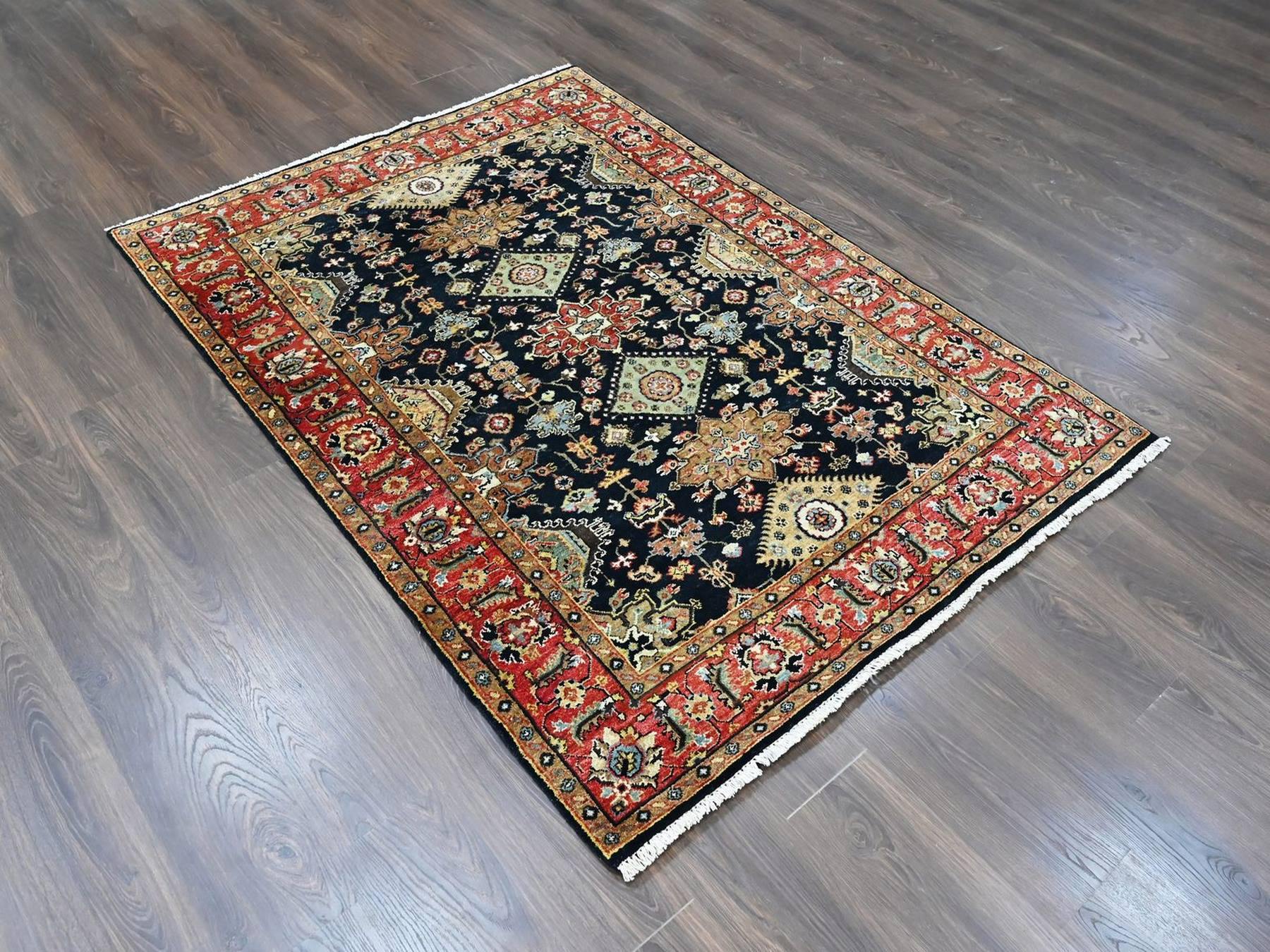 Black 5'0" x 7'0" Tribal & Geometric Hand knotted Wool Rug - Sku: O010526