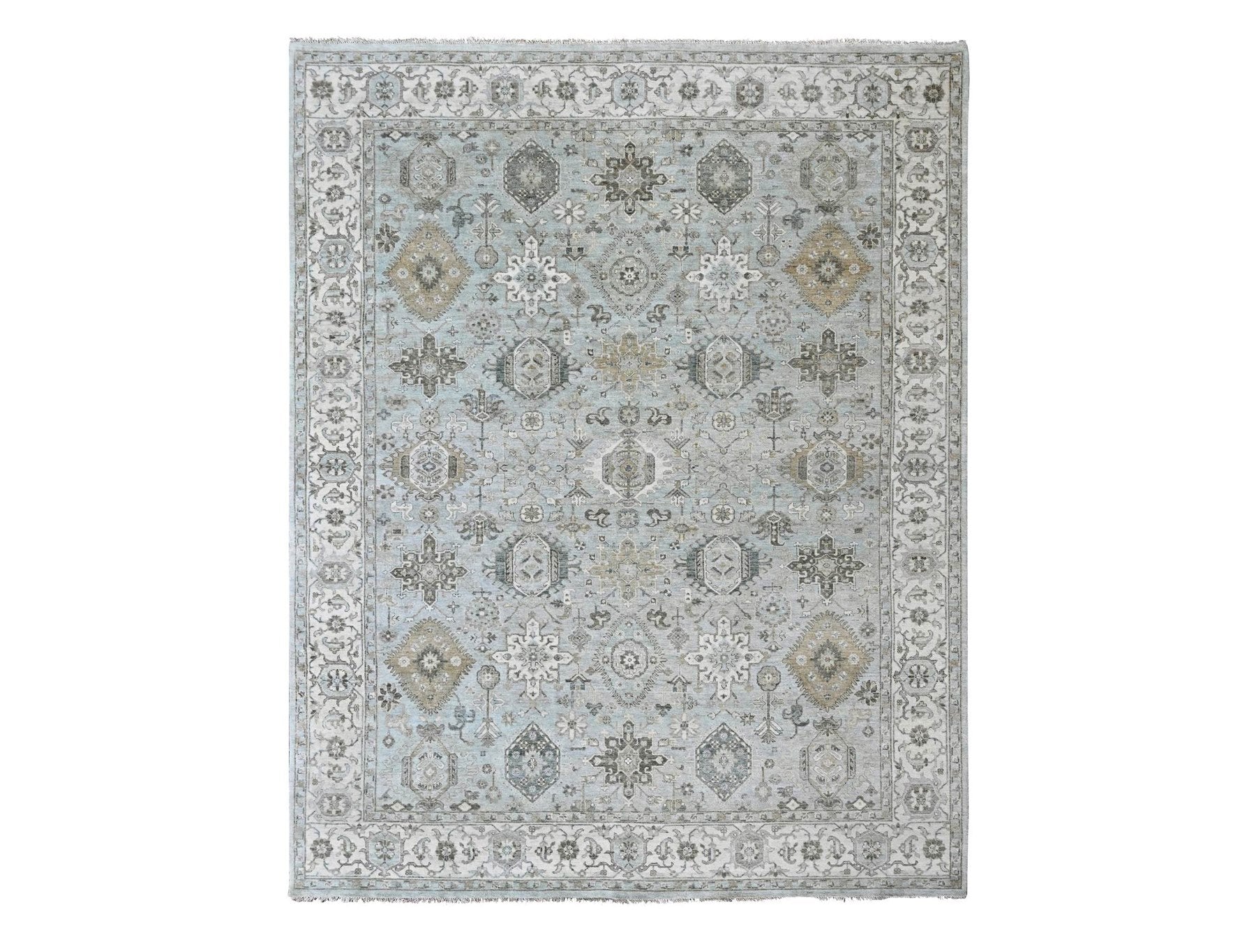 Tribal & Geometric hand-knotted wool rug in Green & Ivory, 9'1" x 11'11" — SKU O010532