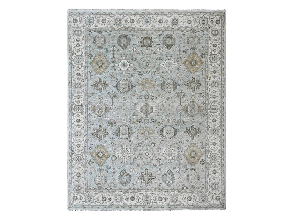 Tribal & Geometric hand-knotted wool rug in Green & Ivory, 9'1" x 11'11" — SKU O010532
