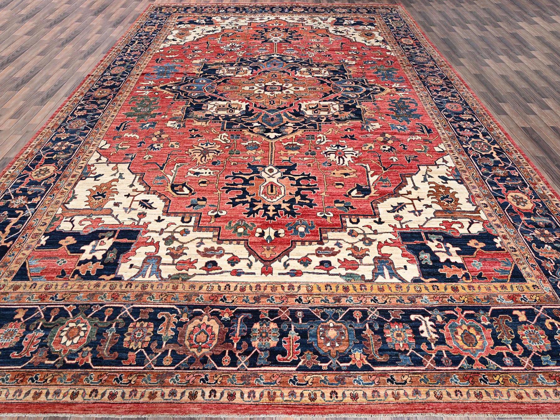 Heriz Tribal & Geometric hand-knotted wool rug in Red & Midnight Blue, 11'10" x 17'7" — SKU O01054 (view 2)