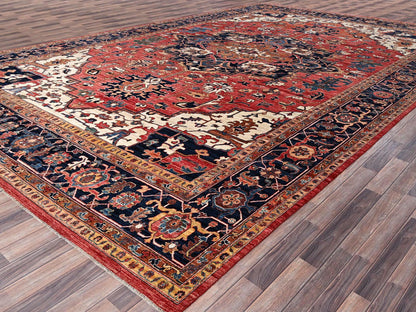 Heriz Tribal & Geometric hand-knotted wool rug in Red & Midnight Blue, 11'10" x 17'7" — SKU O01054 (view 3)