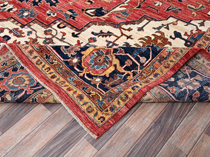 Heriz Tribal & Geometric hand-knotted wool rug in Red & Midnight Blue, 11'10" x 17'7" — SKU O01054 (view 6)