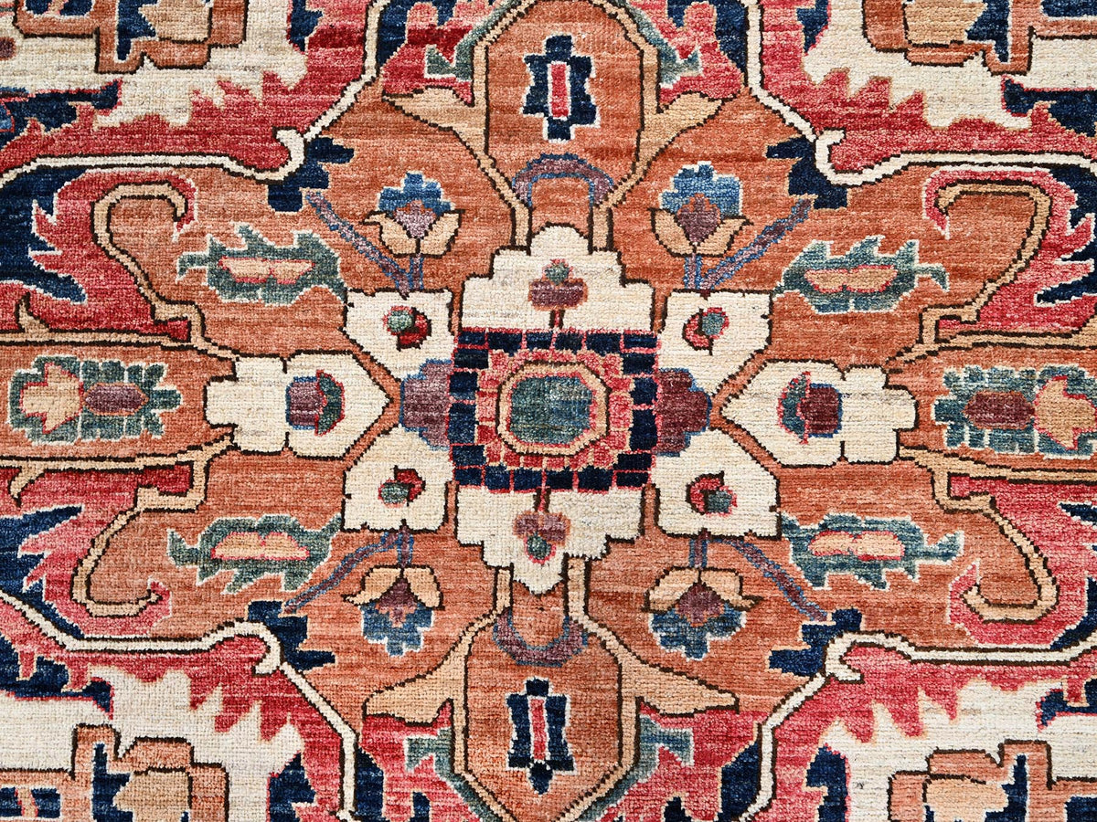 Heriz Tribal & Geometric hand-knotted wool rug in Red & Midnight Blue, 11'10" x 17'7" — SKU O01054 (view 8)