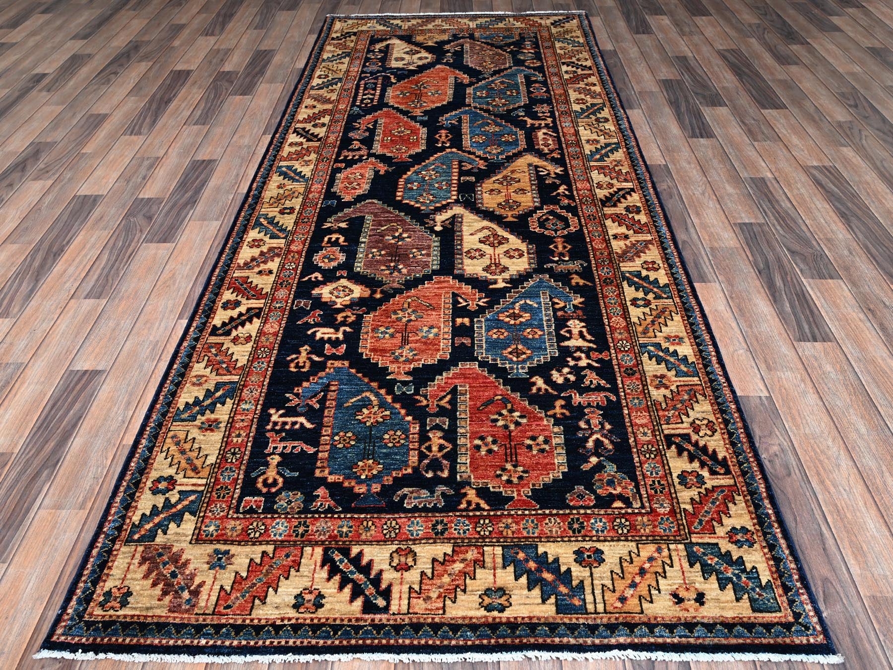 Blue 3'11" x 9'9" Tribal & Geometric Hand knotted Wool Rug - Sku: O01064