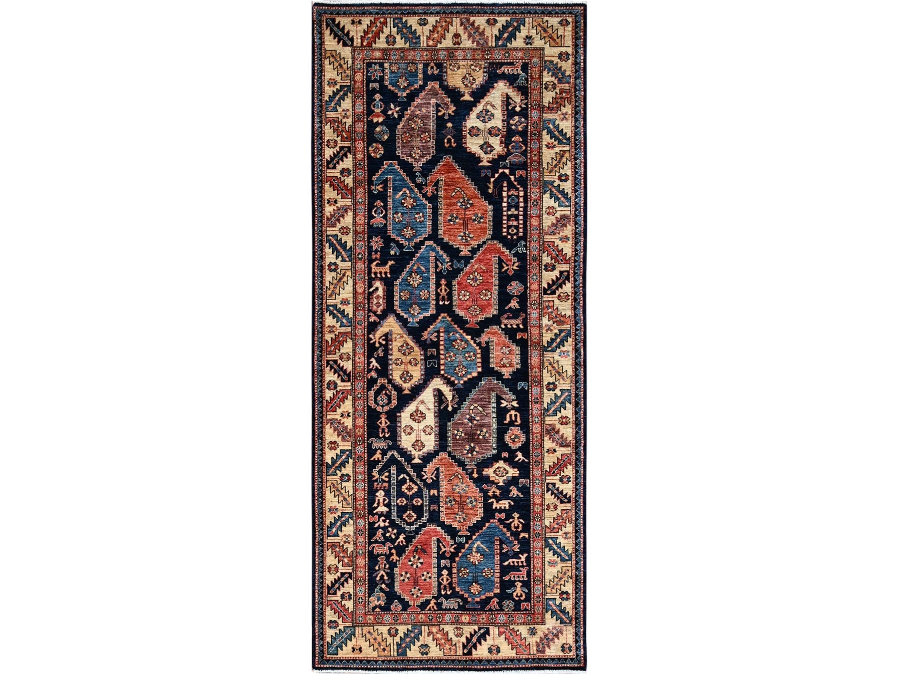 Blue 3'11" x 9'9" Tribal & Geometric Hand knotted Wool Rug - Sku: O01065