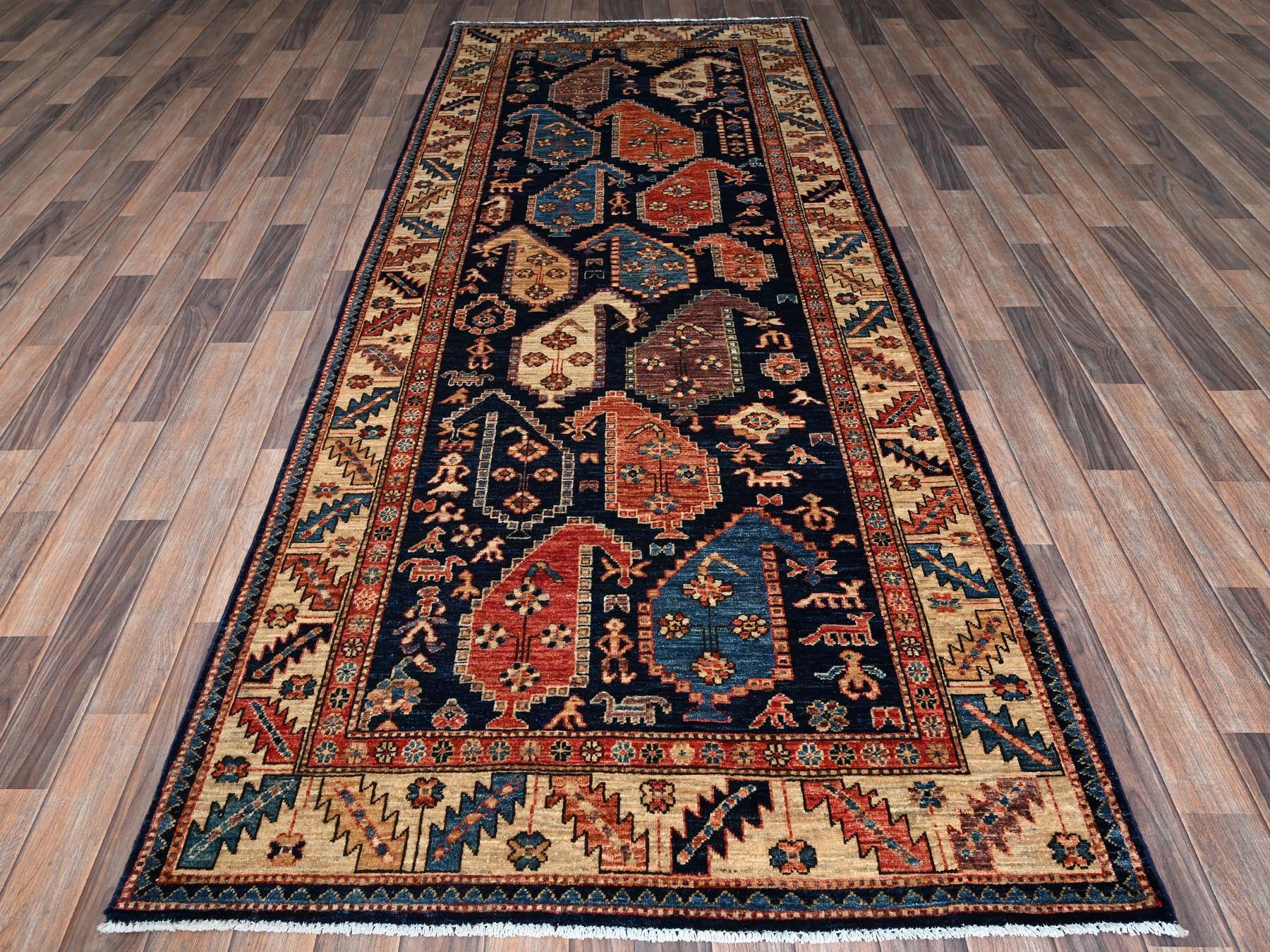 Blue 3'11" x 9'9" Tribal & Geometric Hand knotted Wool Rug - Sku: O01065