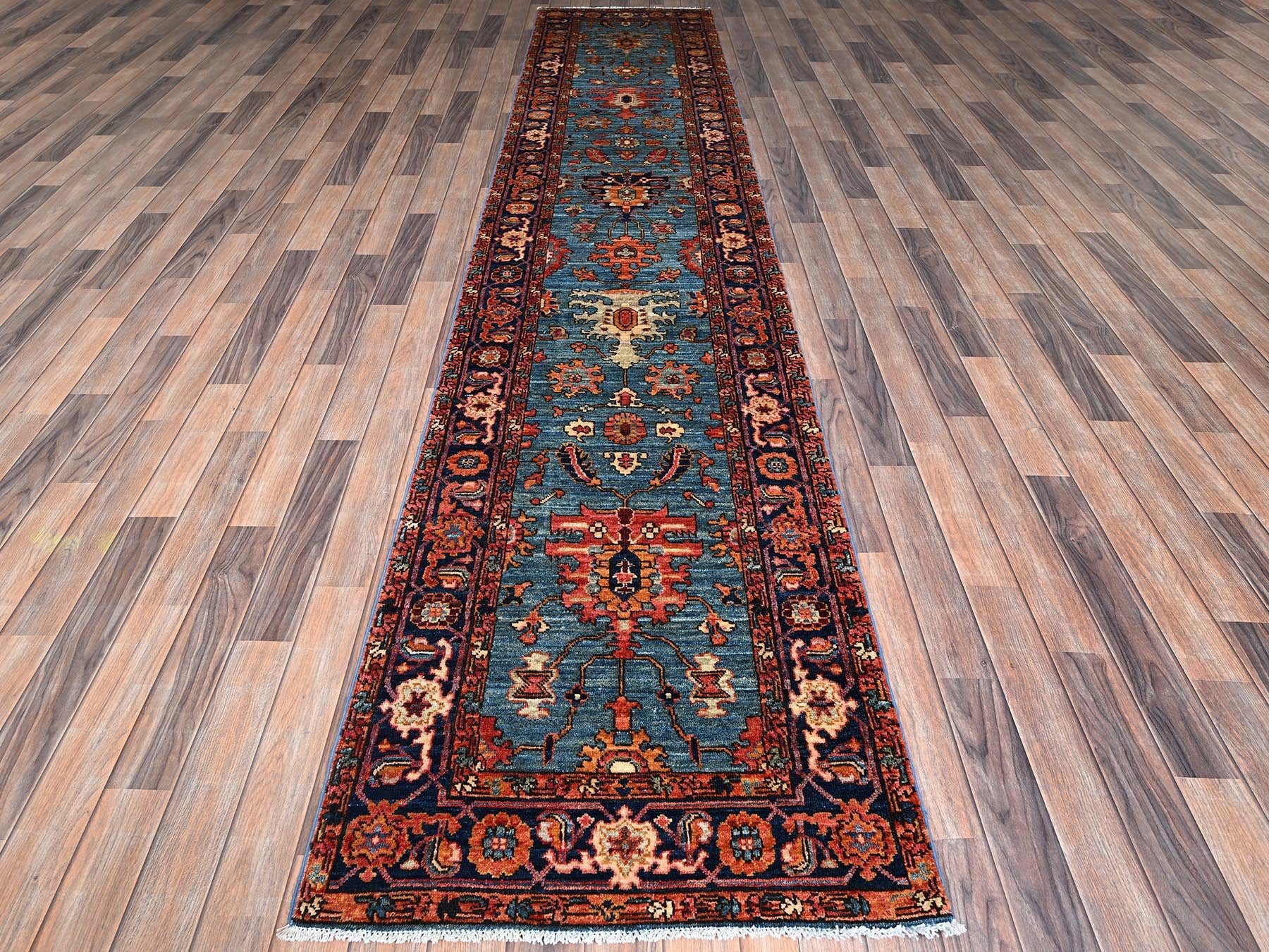 Blue 2'9" x 12'10" Tribal & Geometric Hand knotted Wool Rug - Sku: O01106