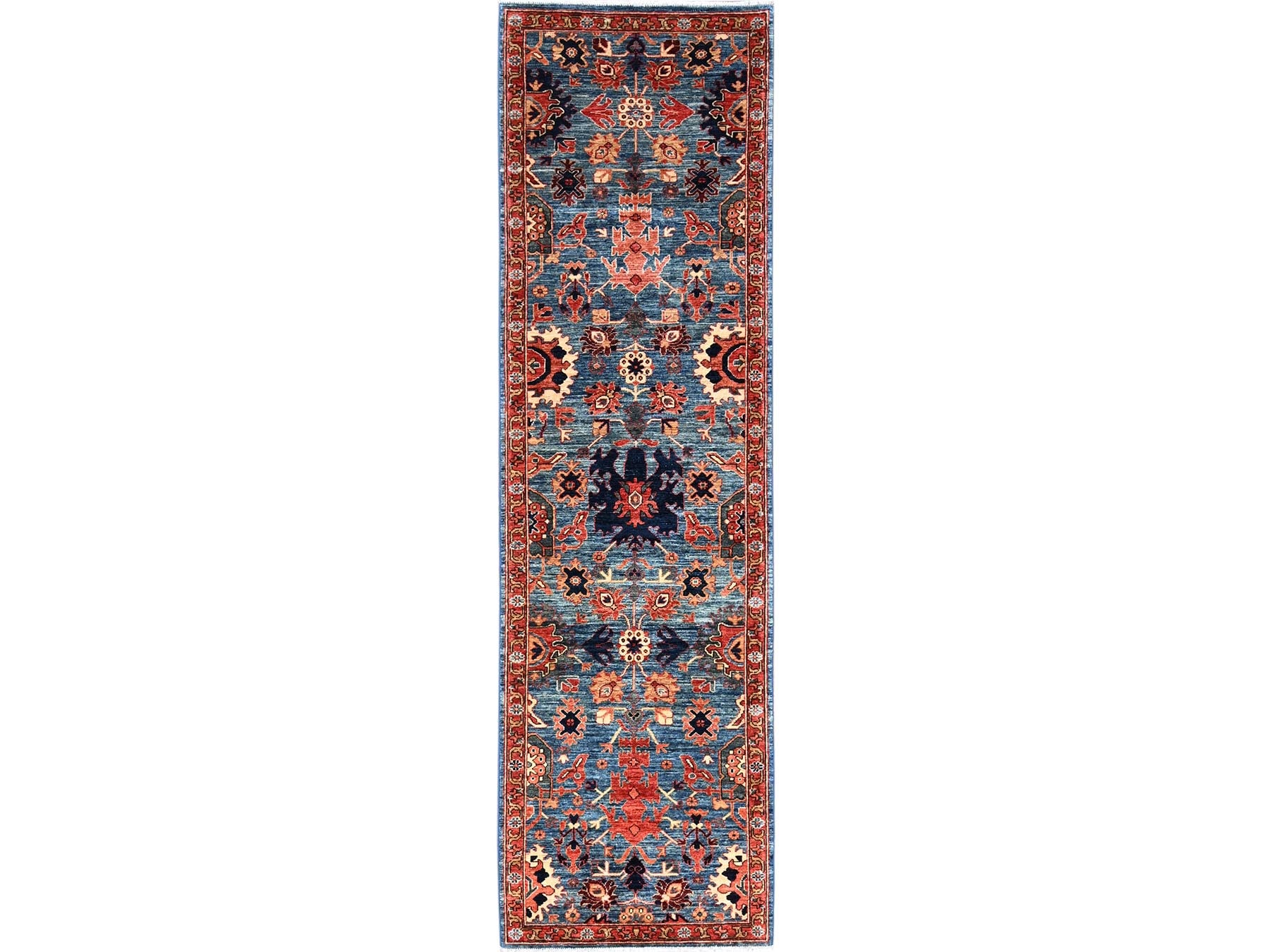 Blue 2'9" x 9'9" Tribal & Geometric Hand knotted Wool Rug - Sku: O01108