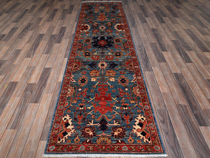 Blue 2'9" x 9'9" Tribal & Geometric Hand knotted Wool Rug - Sku: O01108