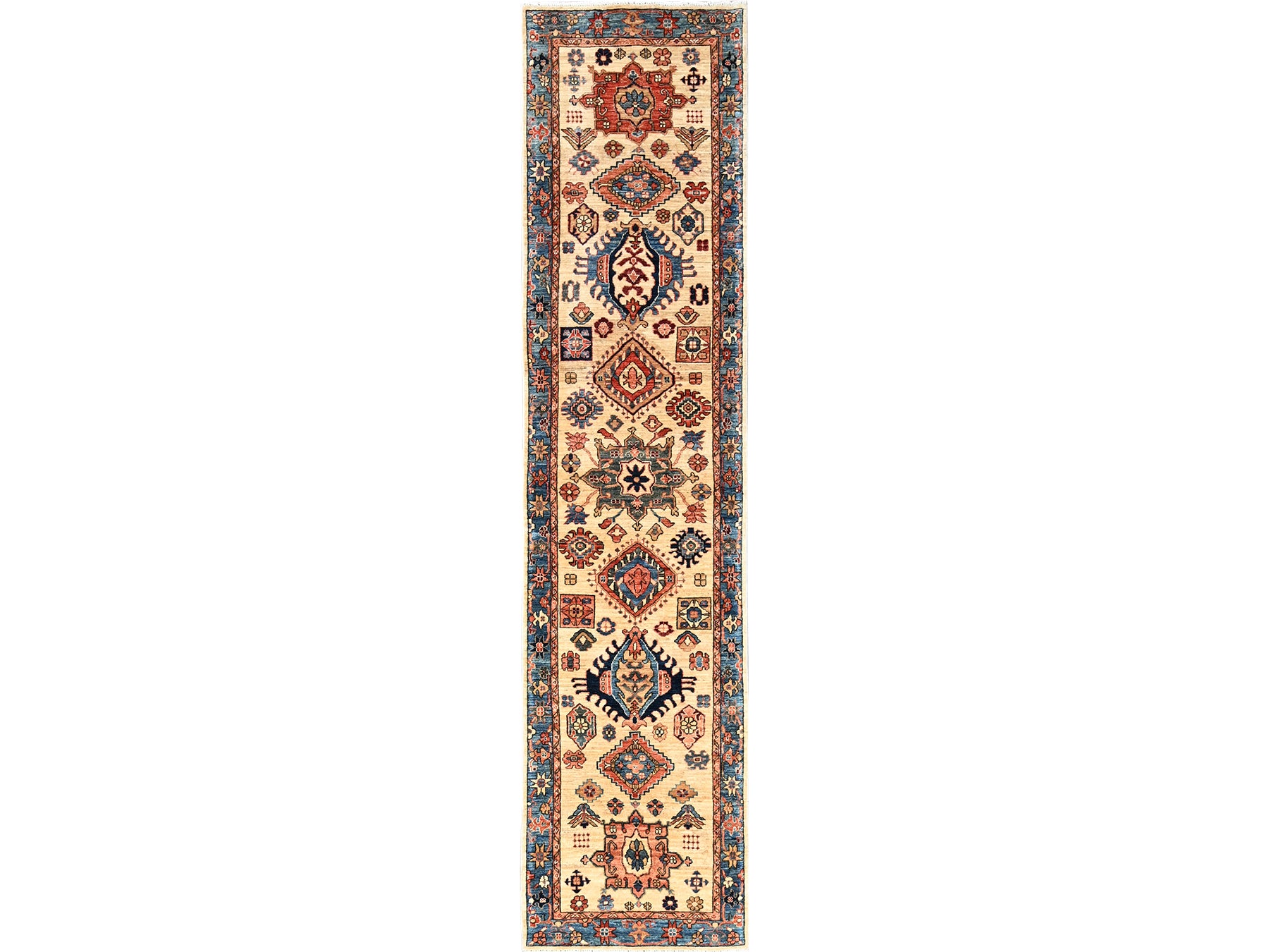 Ivory 2'9" x 11'9" Tribal & Geometric Hand knotted Wool Rug - Sku: O01109