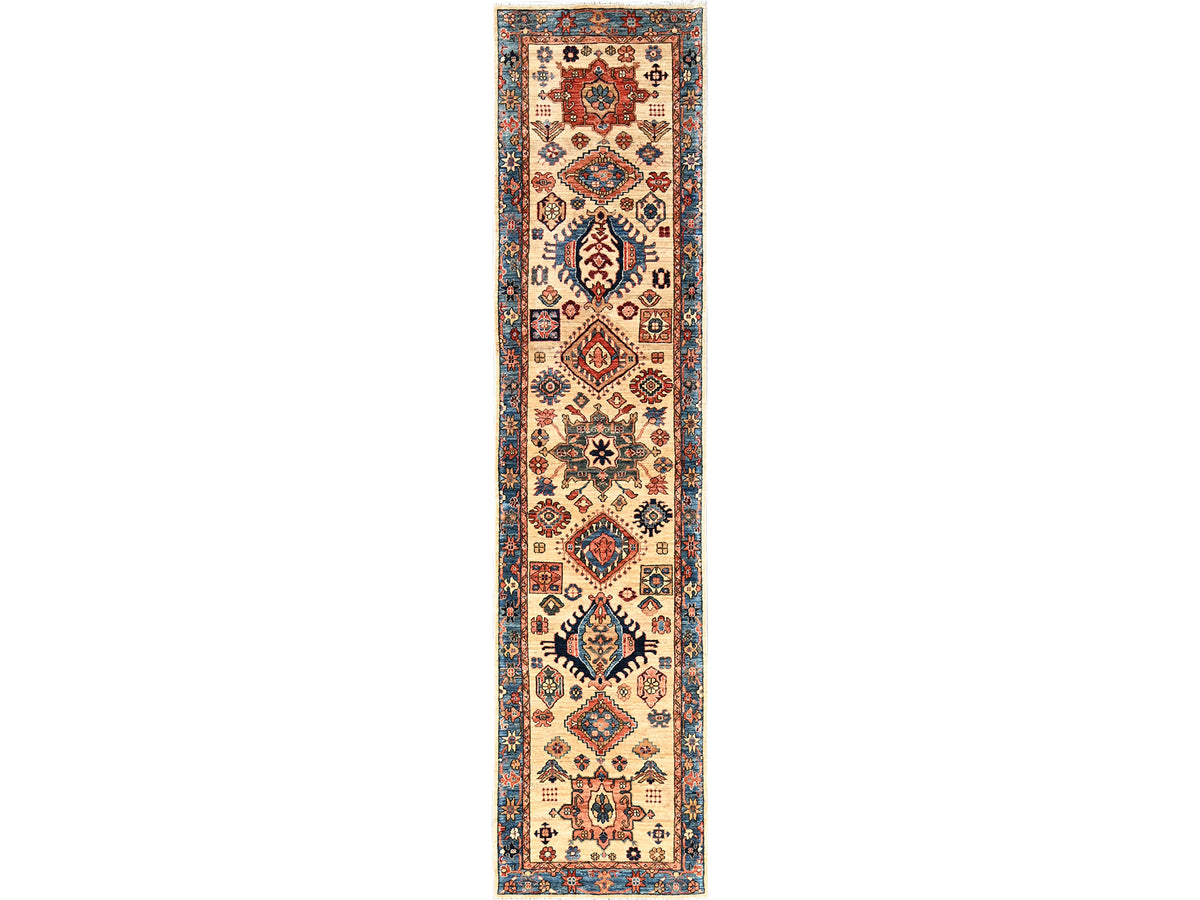 Tribal Tribal & Geometric hand-knotted wool runner in Ivory & Blue, 2'9" x 11'9" — SKU O01109