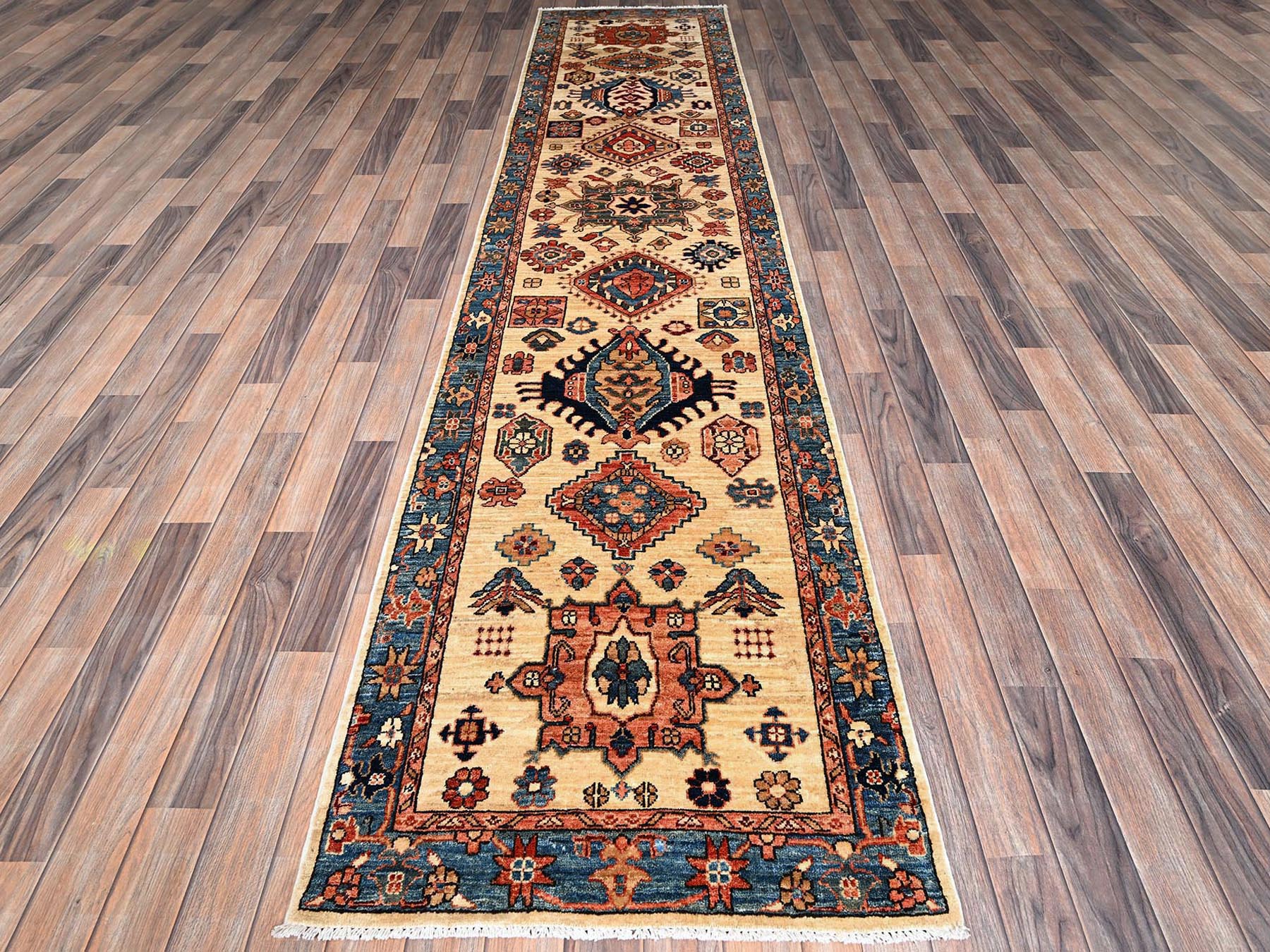 Tribal Tribal & Geometric hand-knotted wool runner in Ivory & Blue, 2'9" x 11'9" — SKU O01109 (view 2)