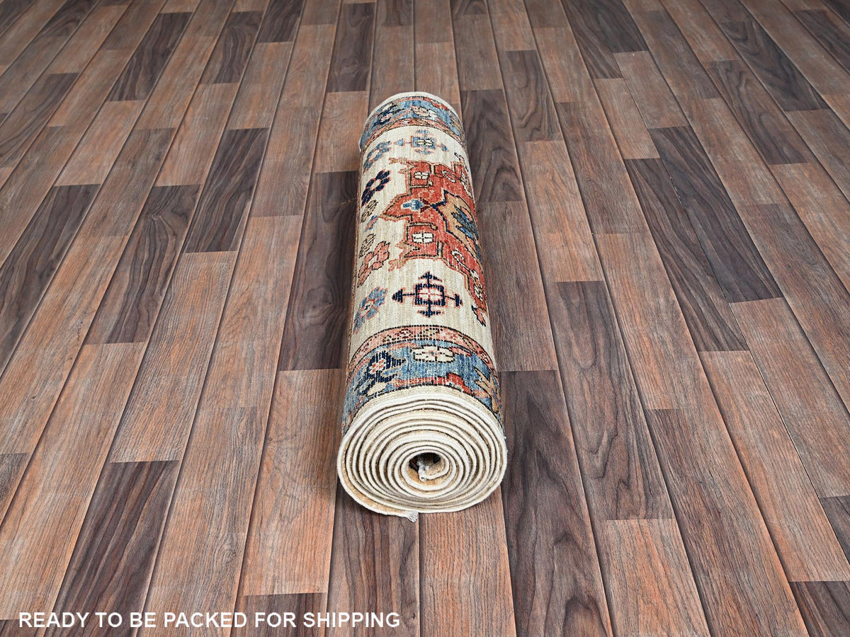 Tribal Tribal & Geometric hand-knotted wool runner in Ivory & Blue, 2'9" x 11'9" — SKU O01109 (view 5)
